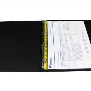 Static dissipative document wallet with paper inserted inside, clipped into ring binder - Bondline Electronics Ltd