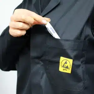 ESD lab coat breast pocket with ESD symbol