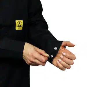 Black ESD lab coat cuff with snap fastening