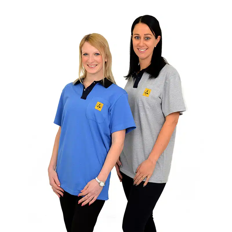 Unisex ESD Polo Shirts in grey and blue with ESD logo from Bondline