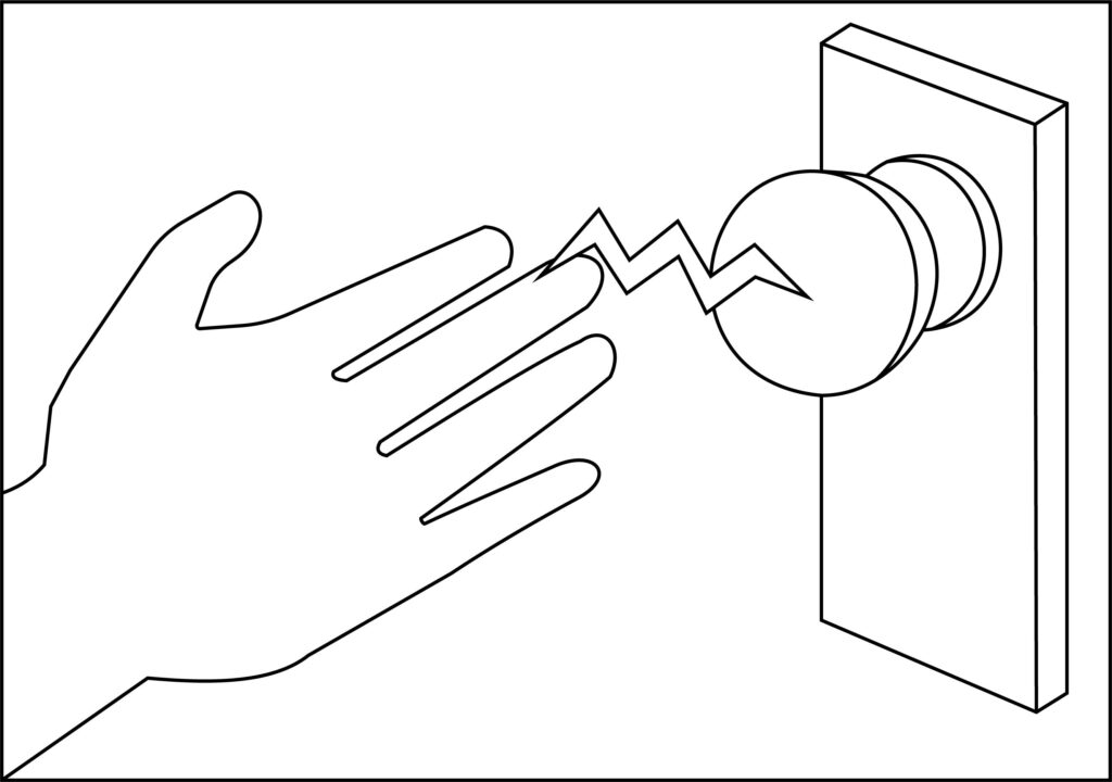 Hand touching door handle resulting in static shock - illustration- Bondline electronics ltd