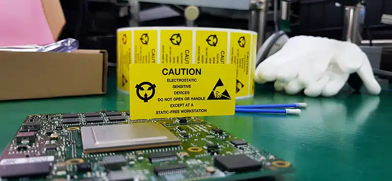 A selection of static control products on an ESD workbench including ESD labels, ESD gloves, ESD packaging, ESD swabs - Bondline
