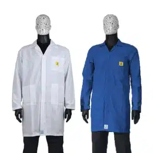 Premium ESD lab jackets in royal blue and white. Bondline.
