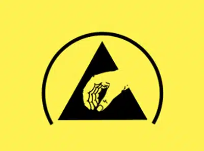 ESD protective symbol with yellow background and black triangle. Bondline.
