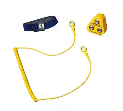 ESD wrist strap, cord and plug set for electrostatic control.
