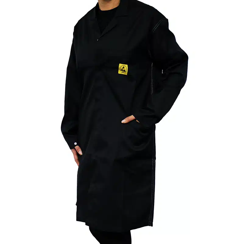Black ESD lab coat from Bondline which features ESD symbol on breast pocket.
