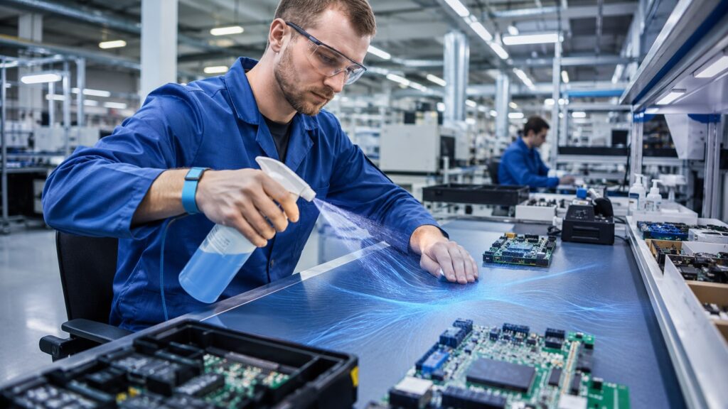 Anti-static spray applied at an ESD-safe electronics workstation to prevent static charge and protect PCB assemblies