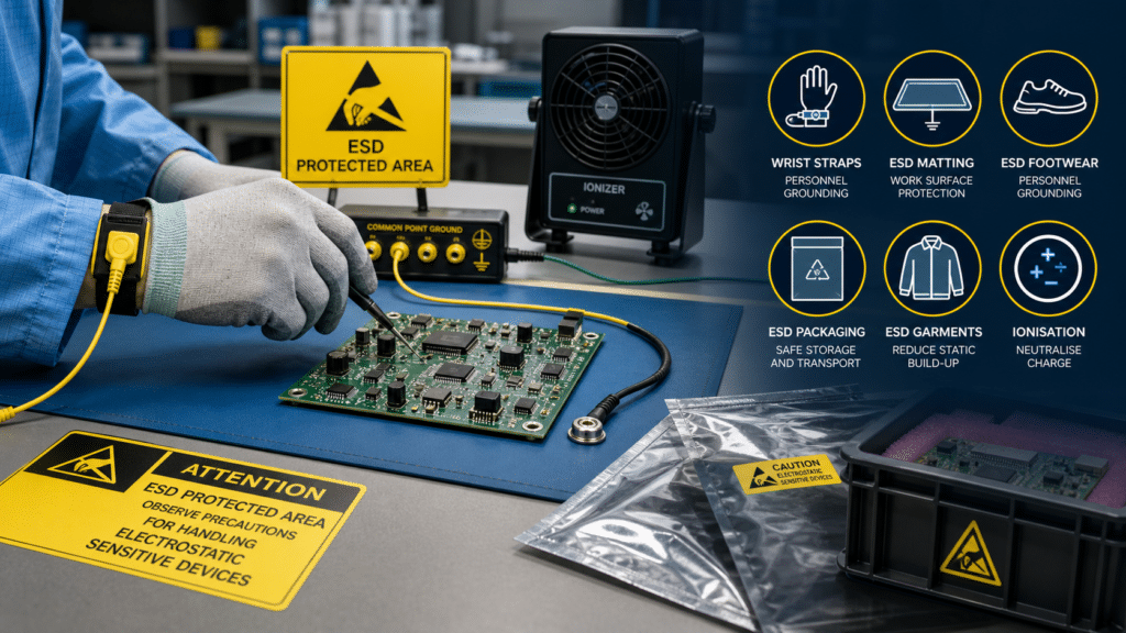 Electrostatic discharge (ESD) risk in modern electronics and static damage prevention in a controlled workspace