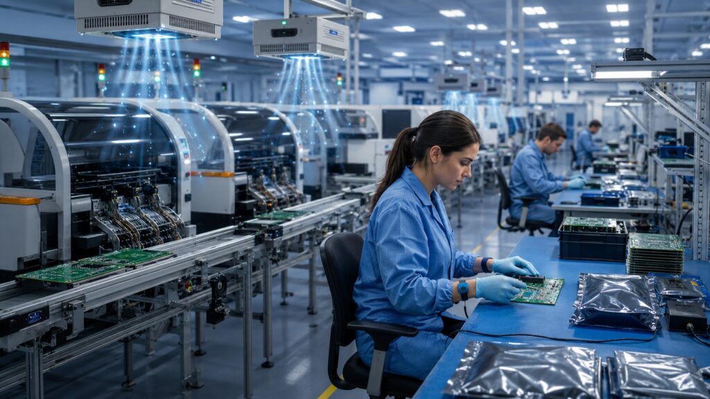 PCB assembly line with ESD protection systems including grounding, ionisers, and SMT production equipment.