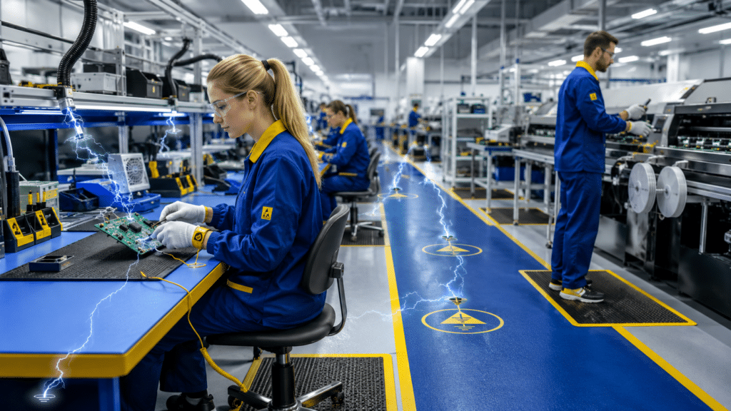 Static electricity control measures in an electronics manufacturing facility using ESD workstations, grounding and personnel protection
