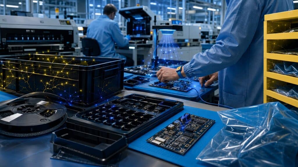 Plastic surfaces and component trays in an electronics manufacturing facility demonstrating static electricity generation and ESD risk control measures.