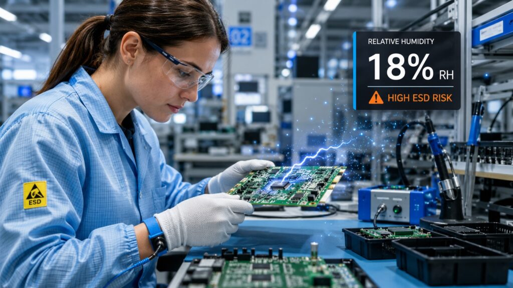 Technician handling a printed circuit board in an ESD-protected electronics manufacturing facility with low humidity increasing static electricity risk
