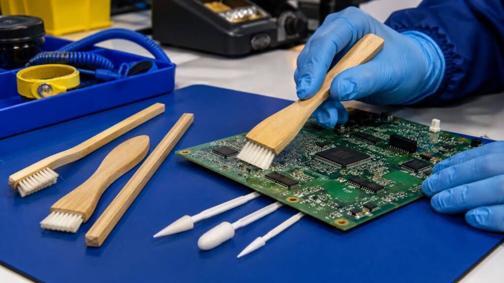 ESD brushes and swabs used for static safe cleaning of a PCB
